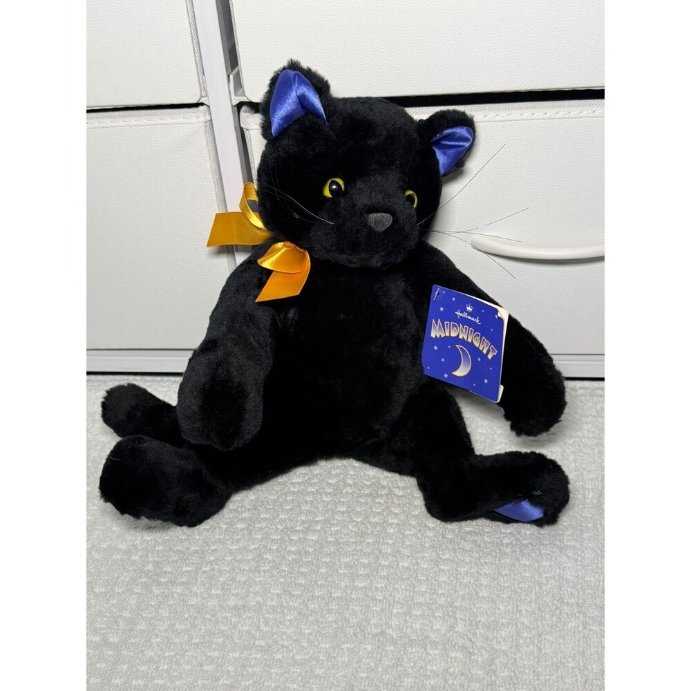 Vintage Hallmark MIDNIGHT Black Cat Halloween 10" Plush NWT Blue Satin Paws